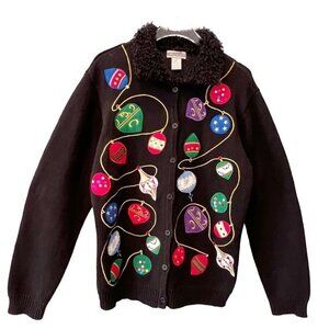 Investments Womens S Ugly Christmas Sweater Cardigan‎ Embroidered Sequins
